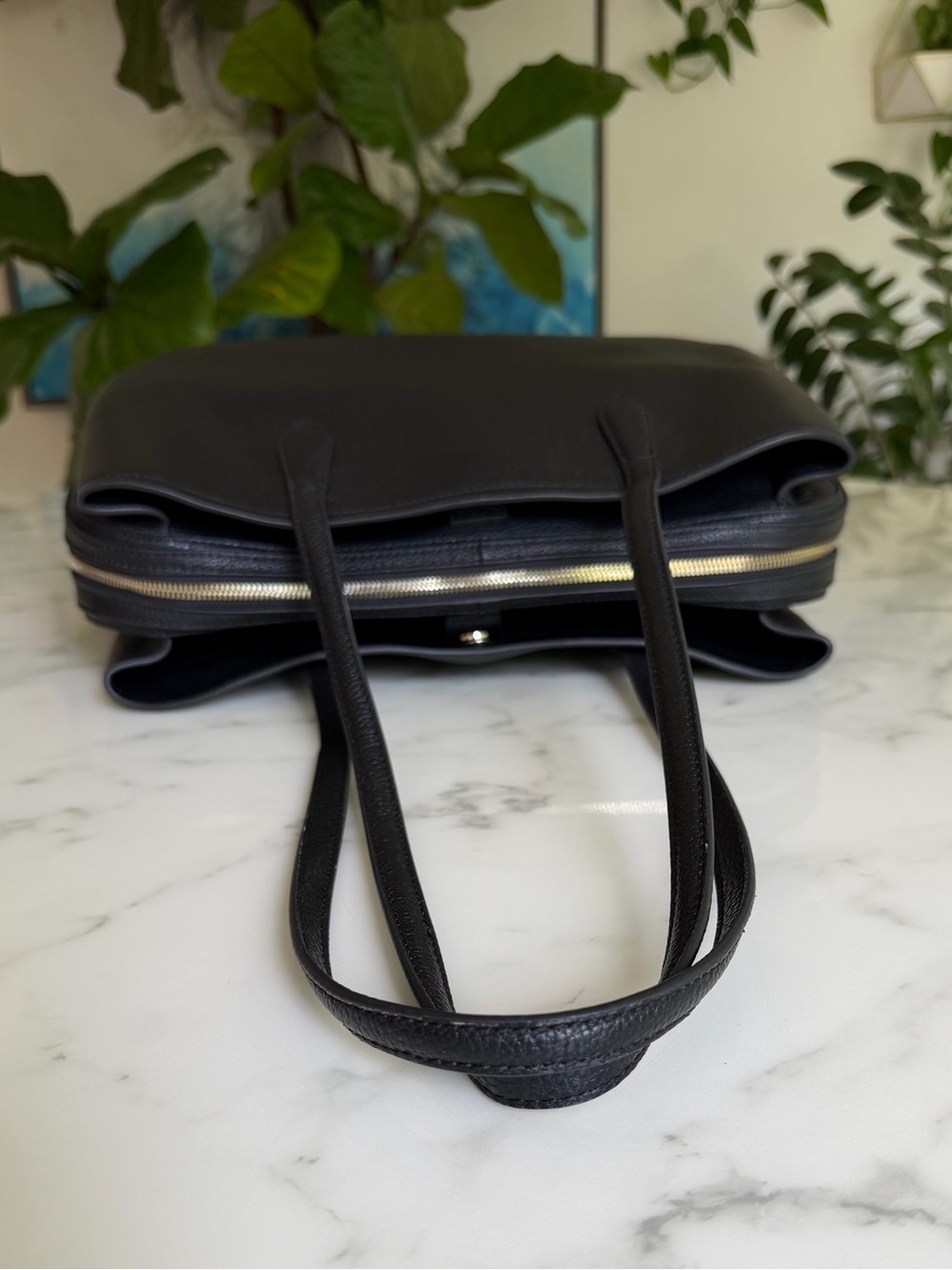 Quince Italian Leather Triple Compartment Work Tote Black Laptop Shoulder Bag - Picture 9 of 14